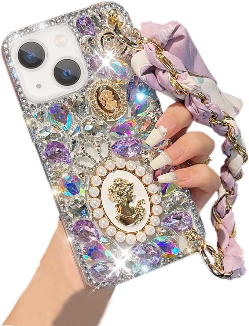 for iPhone 13/14 Glitter Bling Case, Cute Luxury 3D Crystal Queen Rhinestone Full Diamond with Silk Scarf Wristband Chain Women Girls Case Cover for iPhone 13/14 6.1 inch