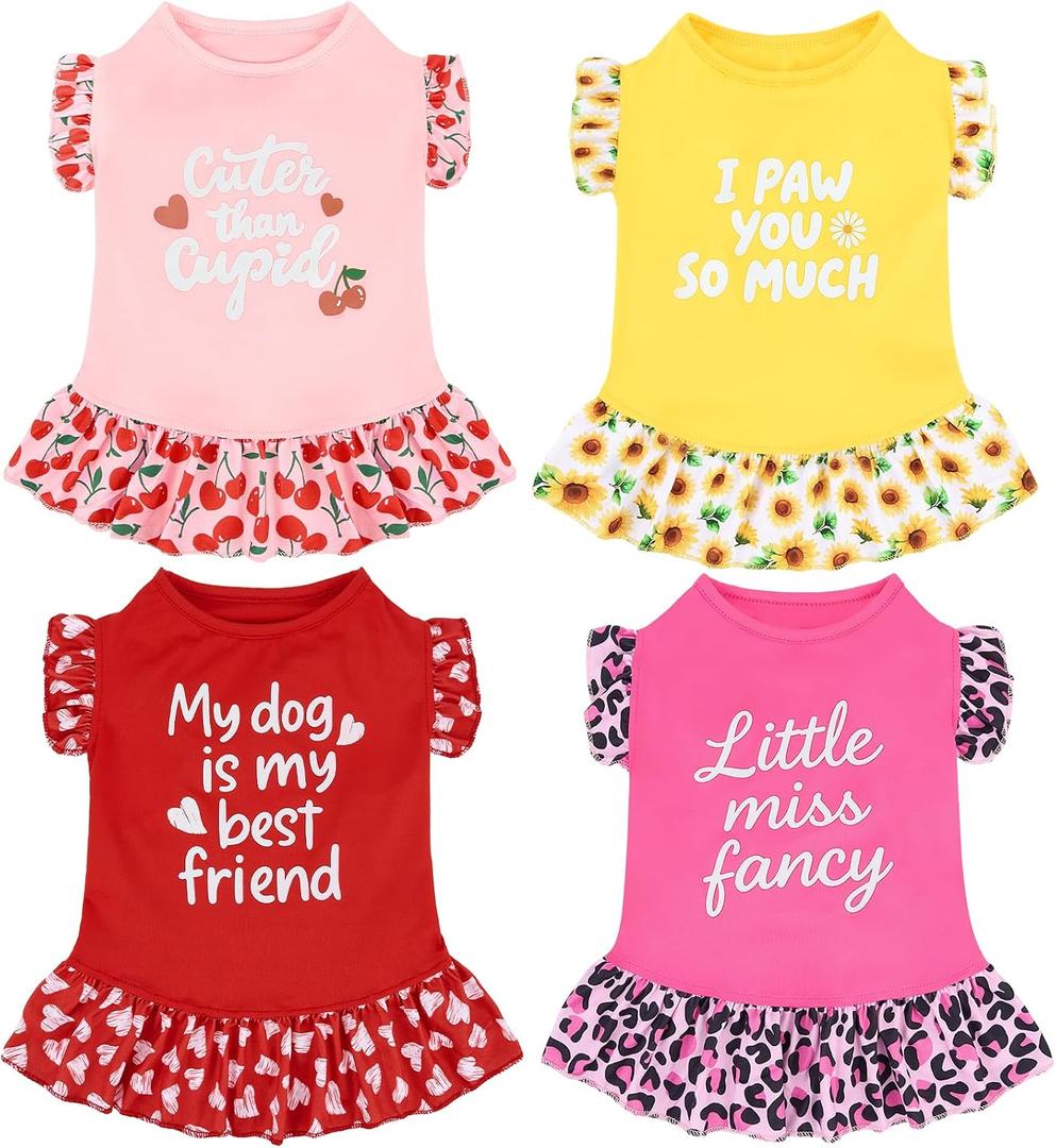 XPUDAC 4 Pack Cute Dog Dress for Dog, Floral Puppy Dress Sweet Girl Pet Skirt Outfits Colorful for Birthday Holiday Spring Summer Pet Clothes for Girls, M