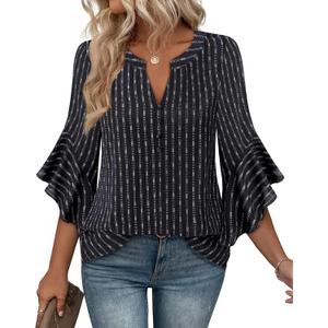 Bebonnie Womens Tops Dressy Casual Ruffle 3/4 Sleeve Henley V Neck Chiffon Blouses with Buttons (Black, XL)