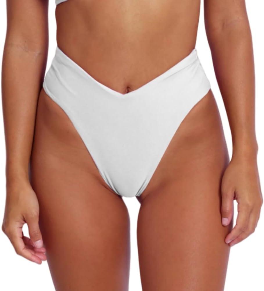 geluboao Women's Bikini Bottom Sexy V Cut High Cut Swimsuit High Waisted Bathing Suit Bottoms (Medium, White)