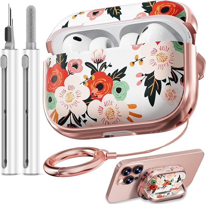 Inesore for AirPods Pro 3 Case 2025 with Lock, for Women Girly Floral Cute Case Compatible with Apple Airpods Pro 3rd Generation Cover, with Phone Stand,Keychain & Cleaner Kit White Peony