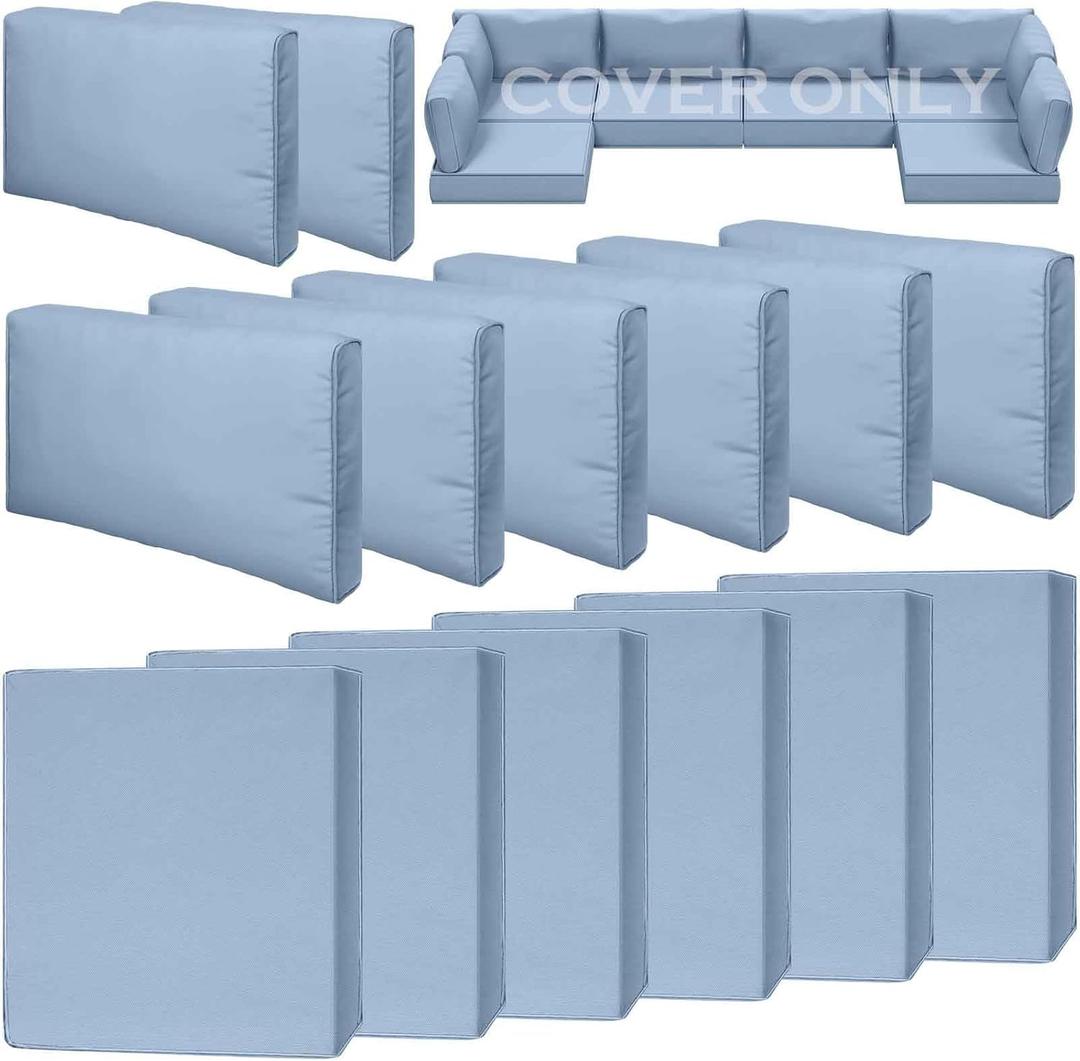 14 Piece Outdoor Patio Waterproof Cushion Covers, Fits 6-Seat Wicker Rattan Sectional Couch Chair Furniture Cover Replacement Set - Fade-Resistant Patio Cushion Covers with Zipper (23.6*23.6*3.35 inches-14 Pcs, Blue Grey)