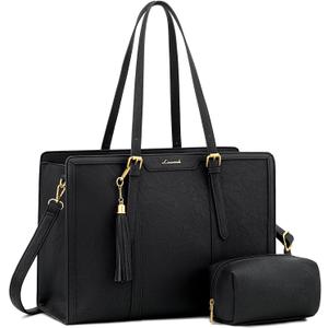LOVEVOOK Laptop Bag for Women Vintage Leather Laptop Tote 17.3 inch Large Capacity Computer bag with Clutch Purse for Work (Black)