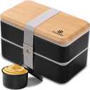 Sinnsally Bento Box Adult Lunch Box with Compartments for Women & Men,(47oz)Stackable Japanese Bento Lunchbox,Rectangle Lunchable Food Container with Utensil Set,Leak-Proof & Microwave/Dishwasher Safe (Black)