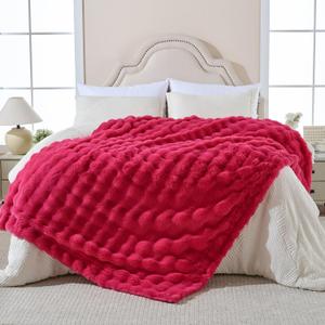 Krifey Hot Pink Bubble Blanket for Women, Soft Cloud Touch Throw for Dorm Bed, Cozy Fuzzy Plush Thick Warm Blanket, Faux Rabbit Fleece, Christmas Birthday Gifts for her Girls Mom, Room Decor, 60x80in
