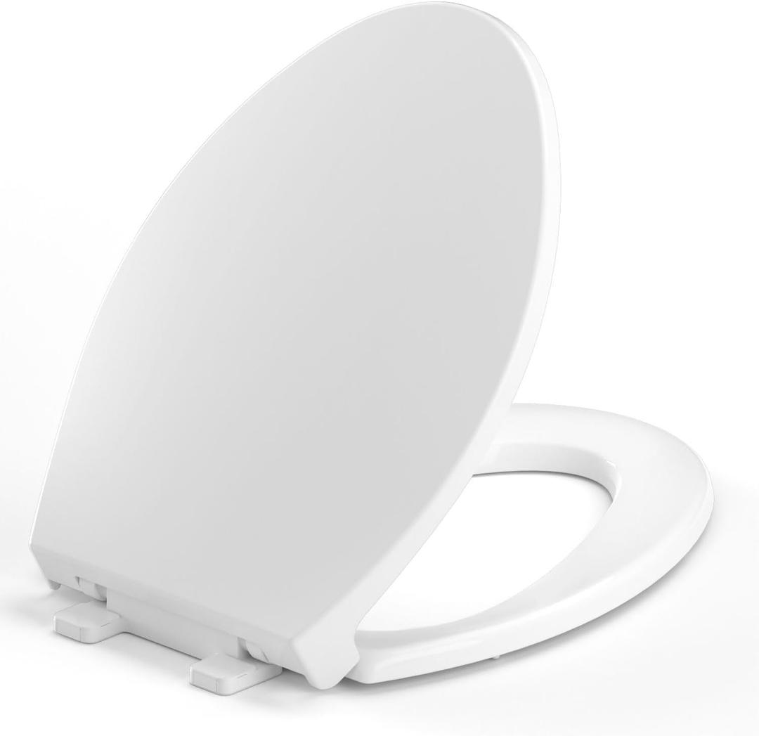 Elongated Toilet Seat, 18.5 Soft/Slow Close Oval (Oblong) Toilet Seat for Elongated Toilets, No-Slam Quiet-Close Lid, Easy-to-Install & Clean, Durable Never-Loosen White Plastic Seat