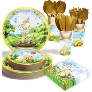 175pcs Vintage Winnie Bear Baby Shower Pooh Decorations Birthday Party Supplies Tableware Set (25 Guest)With Paper Plates Cups Napkins Cutlery for Boy Girl Newborn Birthday Party Dinnerware Decoration