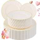U-QE 100 Piece Ivory Scalloped Plastic Plates for Party with Gold Rim - Plastic Party Plates Disposable Heavy Duty - High End Disposable Plates Include 50pcs Dinner Plates 9"&50pcs Dessert Plates 6.5"