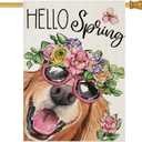 Hello Spring House Flags for Outdoor Decoration, Dog with Flowers Hat Large Yard Flag, Seasonal Decorative Celebration Decor for Summer Farmhouse Holiday Outside 28x40 Inch Vertical Double