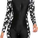 Halcurt Women's Boyleg One Piece Rash Guard with Built in Bra Zip Front UPF50+ Long Sleeve Full Body Surfing Swimsuit (Black, XL)
