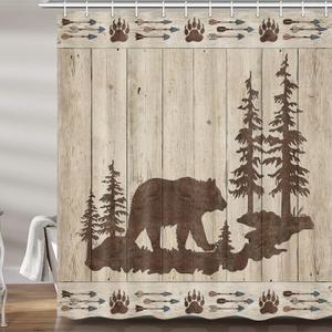 Bear Shower Curtains for Bathroom, Wild Animals Rustic Cabin Forest Bath Curtain Set, Bear Print Wooden Board Fabric Bathroom Accessories Restroom Decor 12 Hooks Included (72" W X 84" H)