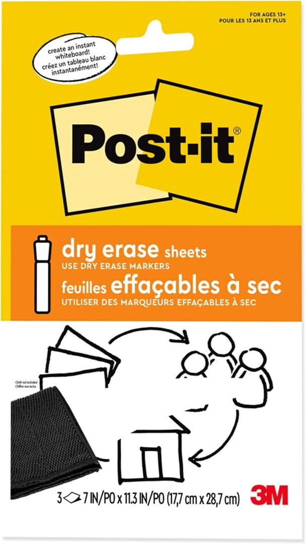 Post-it Dry Erase Sheets, 7 in x 11.3 in, 3 Sheets, Sticks Securely and Removes Cleanly (DEFSHEETS-3PK)