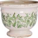 Vintage Ceramic Planter Pot with Drainage, 6.8 Inch Large Crackle Glaze Flower Pot with Green Floral Leaf Pattern for Succulents, Flowers, Farmhouse Country Rustic Planters for Gardening Gift