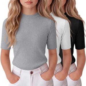 3 Pack Girl's Shirts Half Sleeve Slim Fit Ribbed Tops Kids School Uniform Mock Turtleneck Tees 5-16 Years