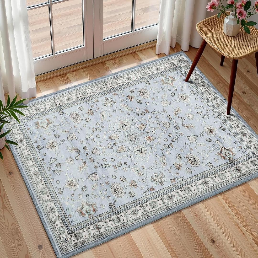 Light Blue 2x3 Washable Entryway Rug, Small Boho Non Slip Area Rugs, Vintage Floral Throw Door Mat, Aesthetic Low Pile Carpet for Kitchen Indoor Farmhouse Entrance Bedroom