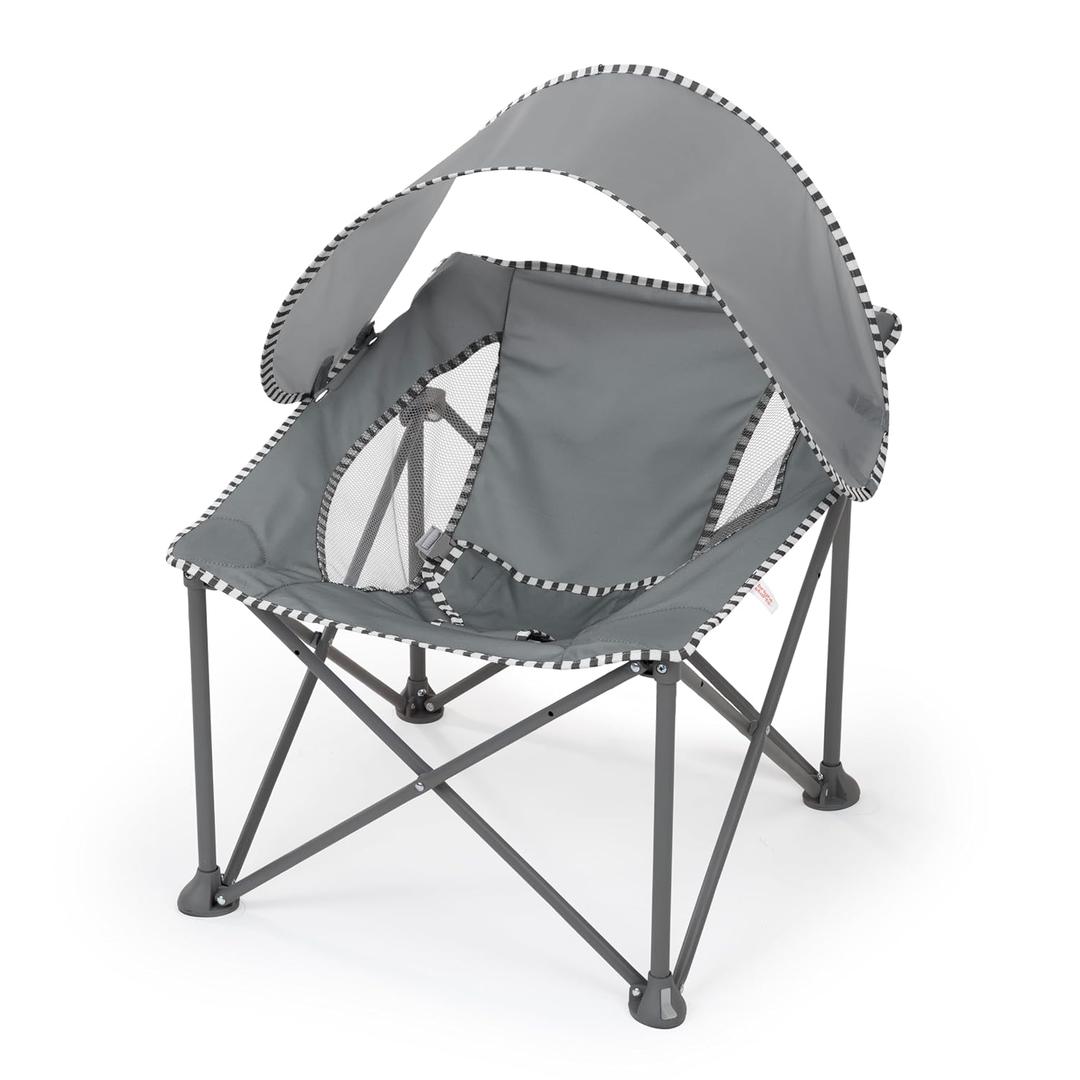 Bright Starts Pop 'N Chill Portable Infant Beach Chair, Travel Seat with UPF 50+ Canopy, Indoor/Outdoor Baby Seat, Grey, 06 Months