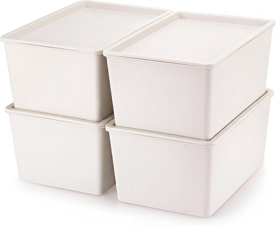 Menkxi 4 Pcs Storage Bins with Lids Plastic Stackable Containers for Organizing Shelves Christmas Ornament Box Baskets (Beige,Large)