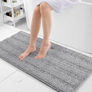 Grandaily Chenille Striped Bathroom Rugs 47x20, Extra Thick and Absorbent Bath Mats, Non-Slip Soft Plush Shaggy Shower Carpet, Machine Wash Dry, Bath Rug for Bathroom, Light Grey