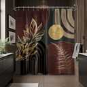 Dark Brown and Black Shower Curtain Boho Mid Century Gold and Brown Shower Curtains for Bathroom Decor, Waterproof Cloth Fabric with Hooks, 70" W x 72" L