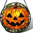 Stained Glass Window Hanging, Halloween Decorations Evil Pumpkin Suncatcher for Doors Garden Indoor Spooky Funny Orange Sun Catchers Gothic Decor Horror Gifts for Women Men Friend 6.3 in