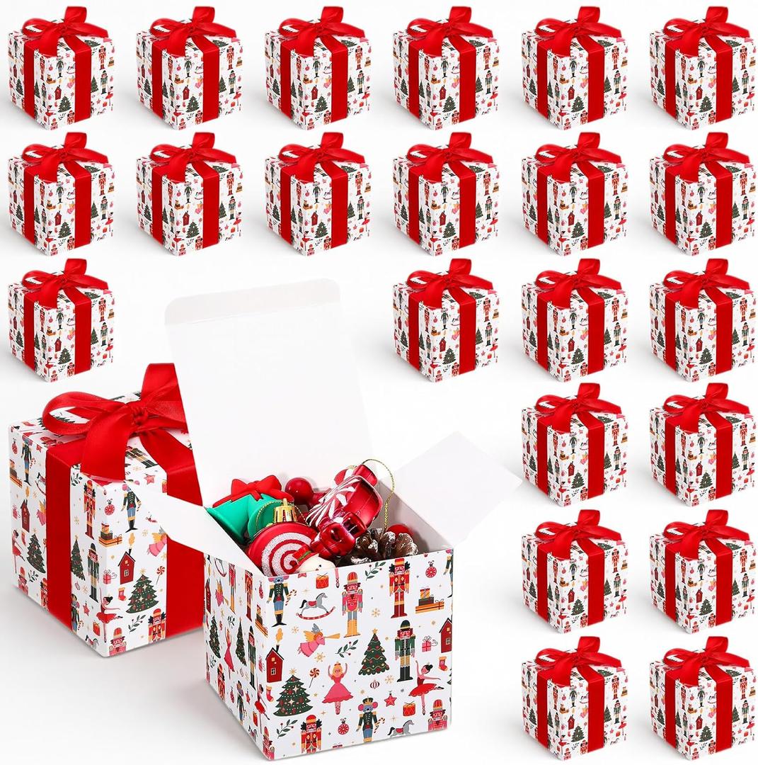 Sabary 25 Pcs Christmas Gift Boxes with Lids 4 x 4 x 4 Inches Candy Christmas Kraft Gift Boxes with Red Ribbons Small Present Box for Xmas Wedding Party Favor Birthday (Delicate Style)