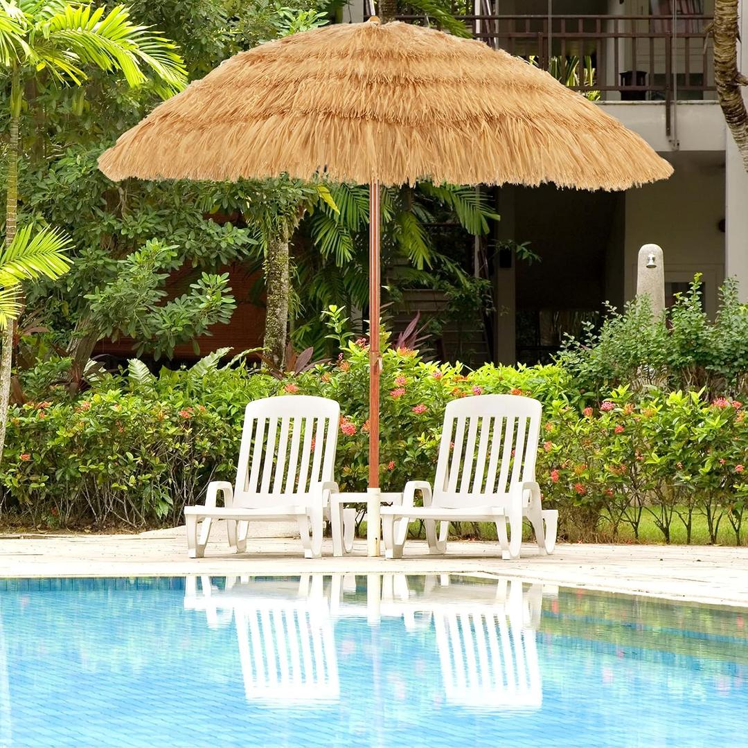 Tangkula 6.5Ft Tiki Patio Umbrella, Hawaiian Style Outdoor PE Grass Umbrella with Tilt Adjustment, 8 Ribs, Portable Thatched Beach Umbrella for Garden, Yard, Poolside