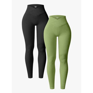 OQQ Women's 2 Piece Yoga Leggings Ribbed Seamless Workout High Waist Cross Over Athletic Exercise Leggings L