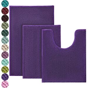 Urvoix Bathroom Rugs Sets 3 Piece, Non-Slip Chenille Bath Rug - Ultra Soft, Washable, Super Absorbent Bath Mat for Bathroom, Toilet and Tub (Purple)