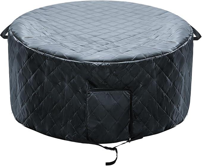 Insulated Inflatable Hot Tub Cover Round Full Coverage Hot Tub Thermal Cover Cap Dustproof Outdoor Energy Saving Spa Covers with Zipper Door and Adjustable Strap for Keeping Warm (Black, 73"D x 28"H)