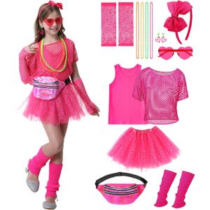 80s Outfit for Kids Girls 16 Pcs 80s Costume Accessories Set Fun Girls 1980s Outfit for Halloween Retro Party Cosplay (9-10 Years, Pink) Large
