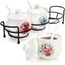 3 Pcs Ceramic Condiment Jars, 7 Oz Small Sugar Bowls with Lids Spoons and Shelf, Round Spice Container Pot Set for Salt Pepper, Empty Seasoning Box for Kitchen Restaurant Home, White