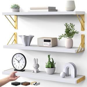 BAYKA Wall Shelves for Bedroom Decor, Floating Shelves for Living Room Kitchen Storage, Wall Mounted Rustic Wood Shelves for Kids Books,Corner Shelves for Bathroom(White and Gold23inSet of 3), 23-inch Standard