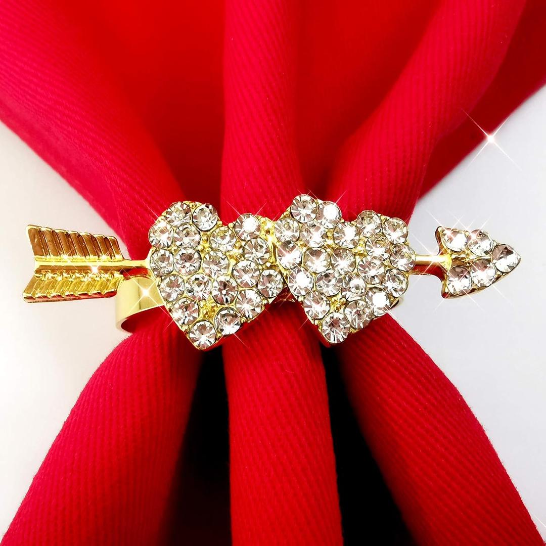 Valentine Napkin Rings Set of 6, Gold Heart Napkin Ring Holders, Diamond Love Napkin Buckles Holder for Valentine's Day, Weddings, Thanksgiving, Parties Table Settings Decor