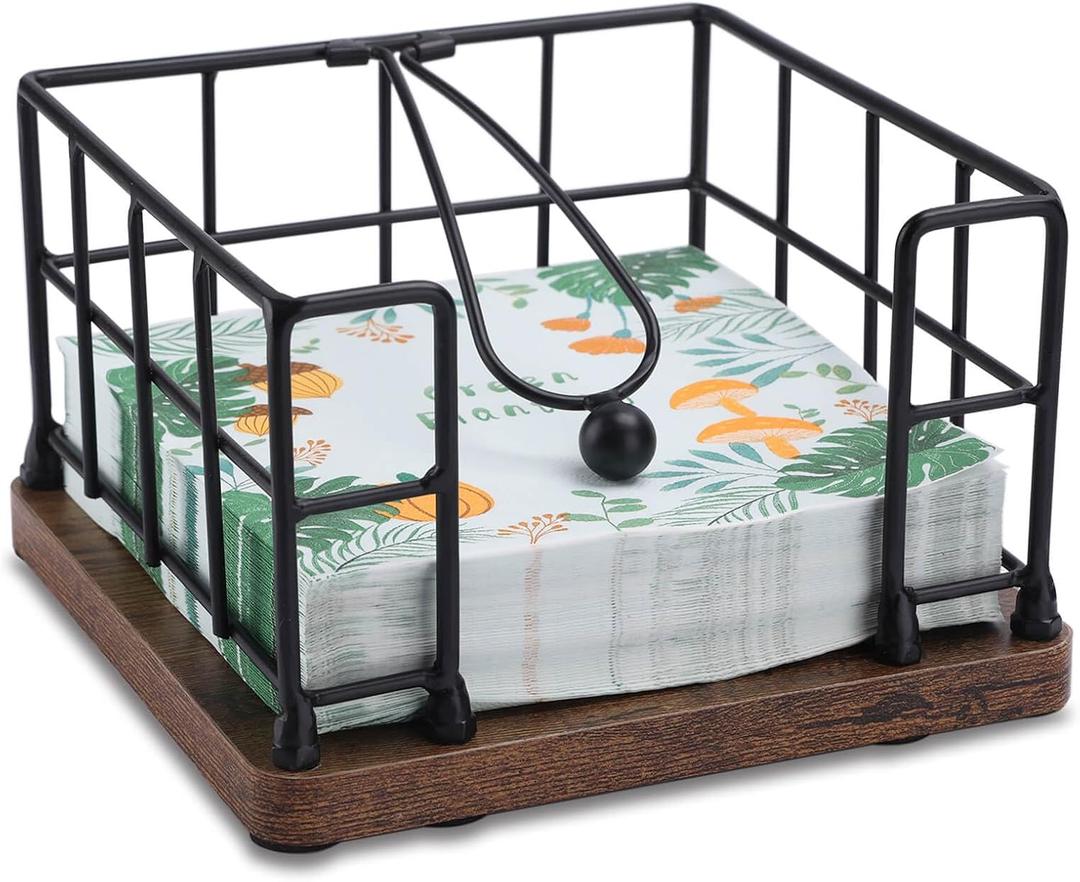 Napkin Holder Flat for Table, Modern Farmhouse Metal Napkin Holder with Weighted Arm, Cocktail Kitchen Bathroom Napkin Dispenser Black