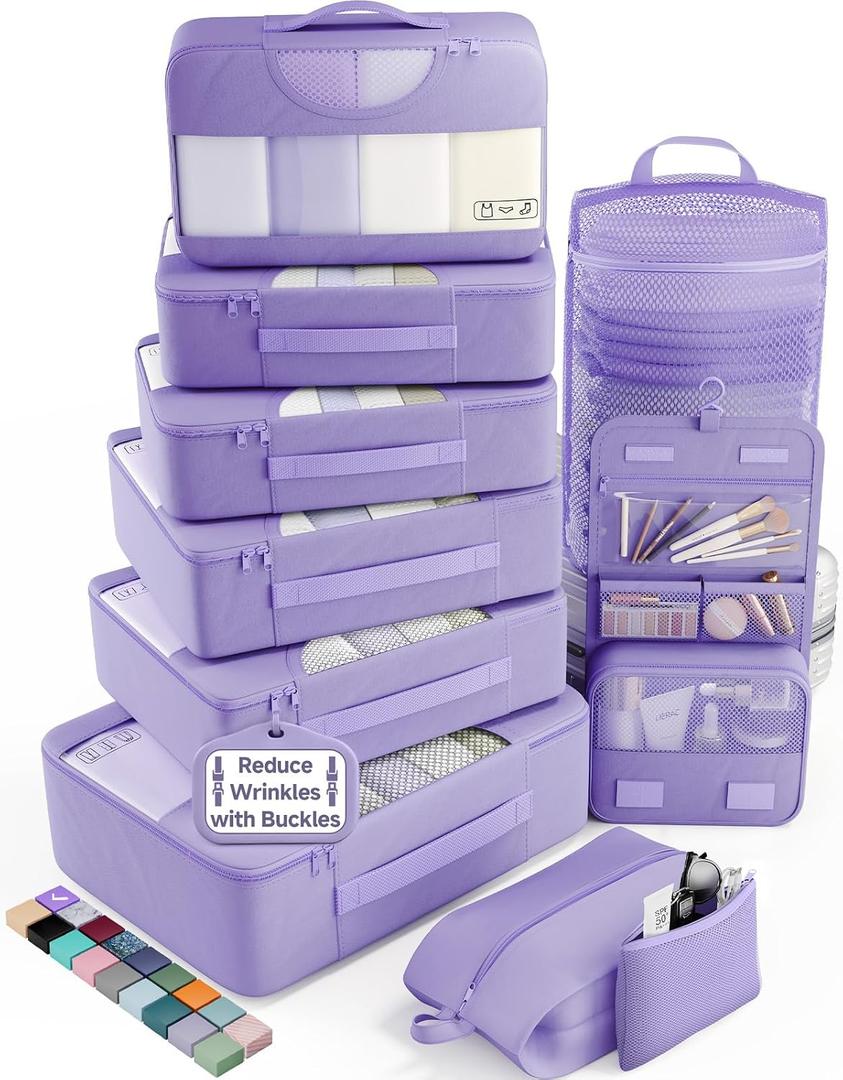 Veken 10 Set Packing Cubes for Travel Essentials,Anti-Wrinkle Buckled Suitcase Organizer for Shoe & Toiletry Bag,Carry On Luggage Bag with 99+ Count Mesh Holes for Airplane & College Dorm Accessories