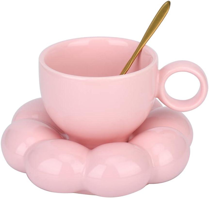 Flower Coffee Mug,Ceramic Cloud Coffee Cup and Saucer Set,Cute Mug with Flower Spoon,Kawaii Tea mug with Sunflower dish, Latte Cups 6.7oz/200ml for Office and Home for women Girls (Pink)