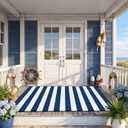 Duraaamo Nautical Navy White Stripe Rug 3' X 5' 4th of July Door Mat Summer Navigation Welcome Doormat for Larger Doorway Front Porch Patio Wide Entryway Beach House Farmhouse Modern Coastal Decor