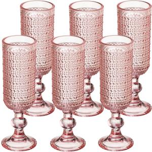 XKXKKE 6 Pcs 5 Ounces Glass Champagne Flutes, Vintage Hobnail Beaded Embossed Colored Glass Sparkling Wine Glasses for Champagne, Cava, Prosecco, Party, Wedding, Bar Fancy Glasses Set of 6 Pink