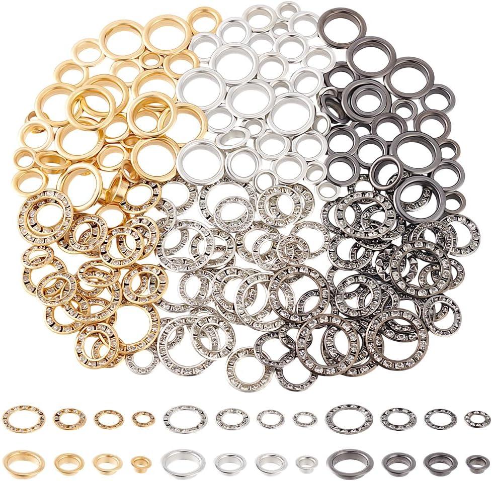 GOMAKERER About 192 Sets Micro Pave Rhinestone Metal Eyelets, 6mm 9mm 14mm Brass Grommet Eyelet Fittings Grommets Kit for DIY Shoes Clothes Bag Leathers Belt Crafts, 3 Colors