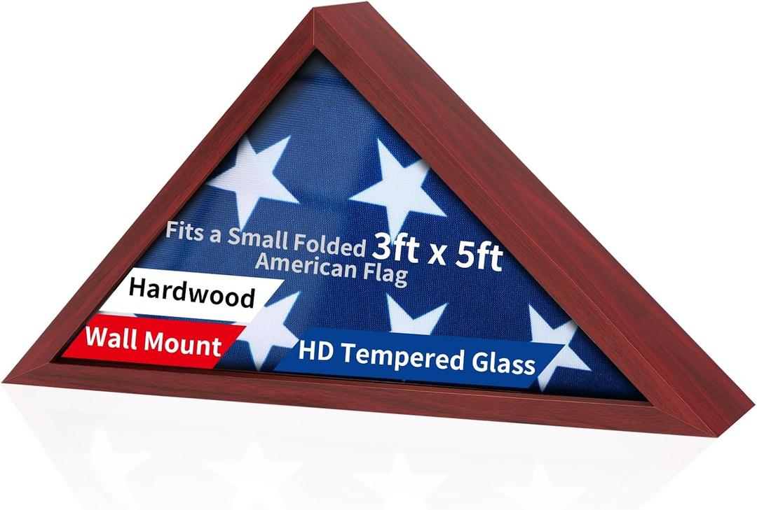 DecoWoodo 3'x5' American Flag Display Case (Not for 9.5'x5' Burial Flag), Wooden Flag Shadow Box for Military Veterans with HD Tempered Glass, Wall-Mounted Triangle Flag Frame, Mahogany