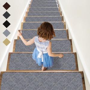 RIOLAND Stair Treads Carpet NonSlip Indoor 15 PCS Wood Stair Treads Rugs Anti Moving Modern Stair Runners Safety for Kids Dogs, 8" X 30", Diamond Gray