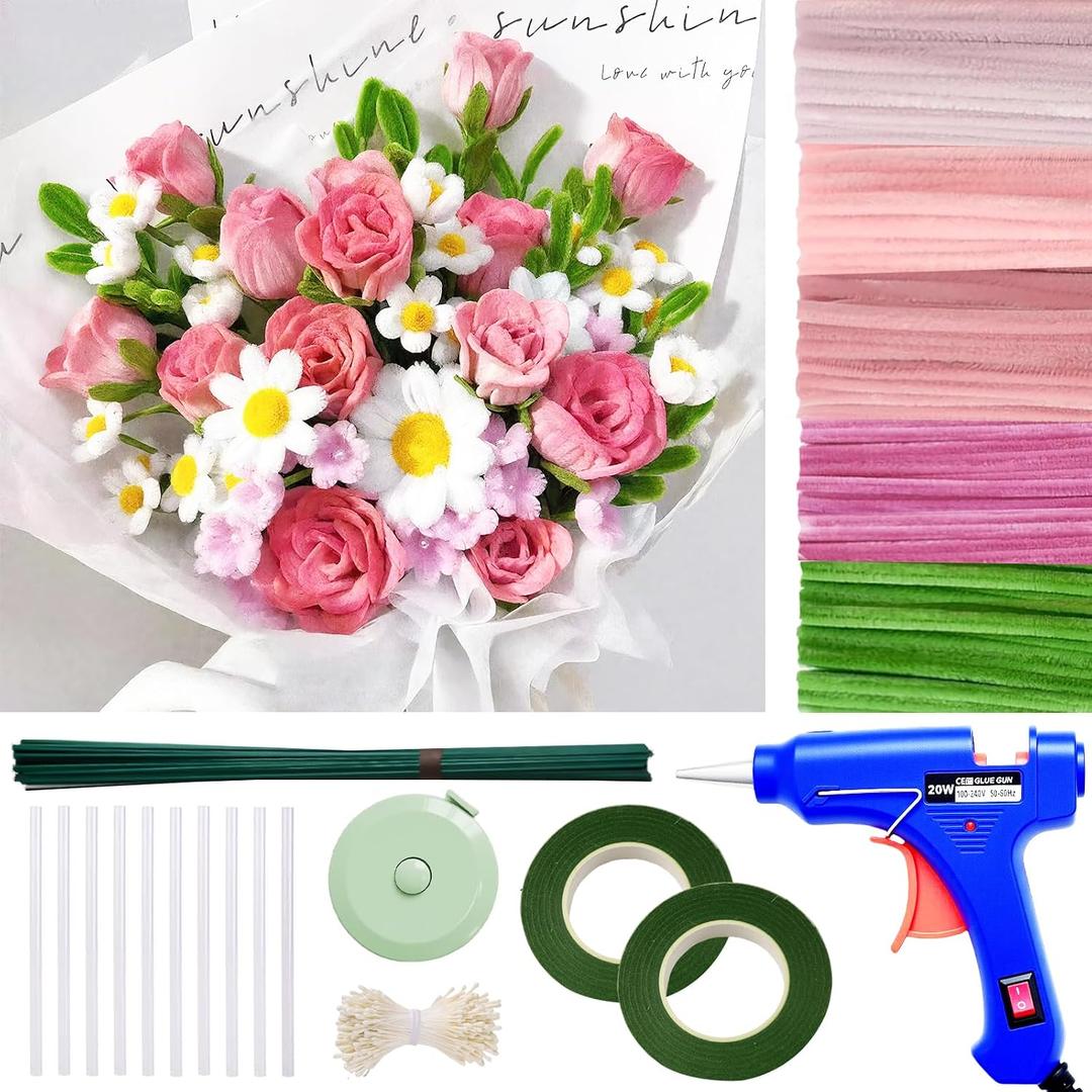 500 Pcs Thick Pipe Cleaners for DIY Flowers & Crafts 5 Colors Chenille Stems with Glue Guns & Tape Measure Perfect for Family Fun & Creativity, Holiday & Room Decorations (Pink, 12in x 8mm)