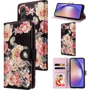 UEEBAI Wallet Case for Samsung Galaxy S25 Plus 5G, Leather Phone Wallet Kickstand RFID Blocking Flip Case Card Slots Wrist Strap Relief Engraved Pattern Magnetic Closure Flower Cover, Black Rose