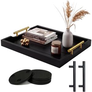Wood Serving Tray with Metal Handles, 17x13in Large Wooden Tray for Ottoman, Coffee Table, Breakfast, Dinner & Bar, Decorative Tray for Living Room, Bedroom, Bathroom and Kitchen, Black