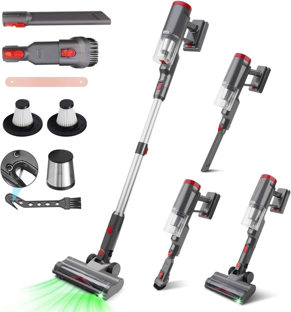 Cordless Vacuum Cleaner, 8-in-1 Powerful Stick Vacuum Cleaners For Home With 35kPa, 35Mins Runtime, 1L Dustbin, Anti-Tangle Rechargeable Self-Standing Vac For Floor Carpet Pet Hair Hardwood Tile car (Silver)