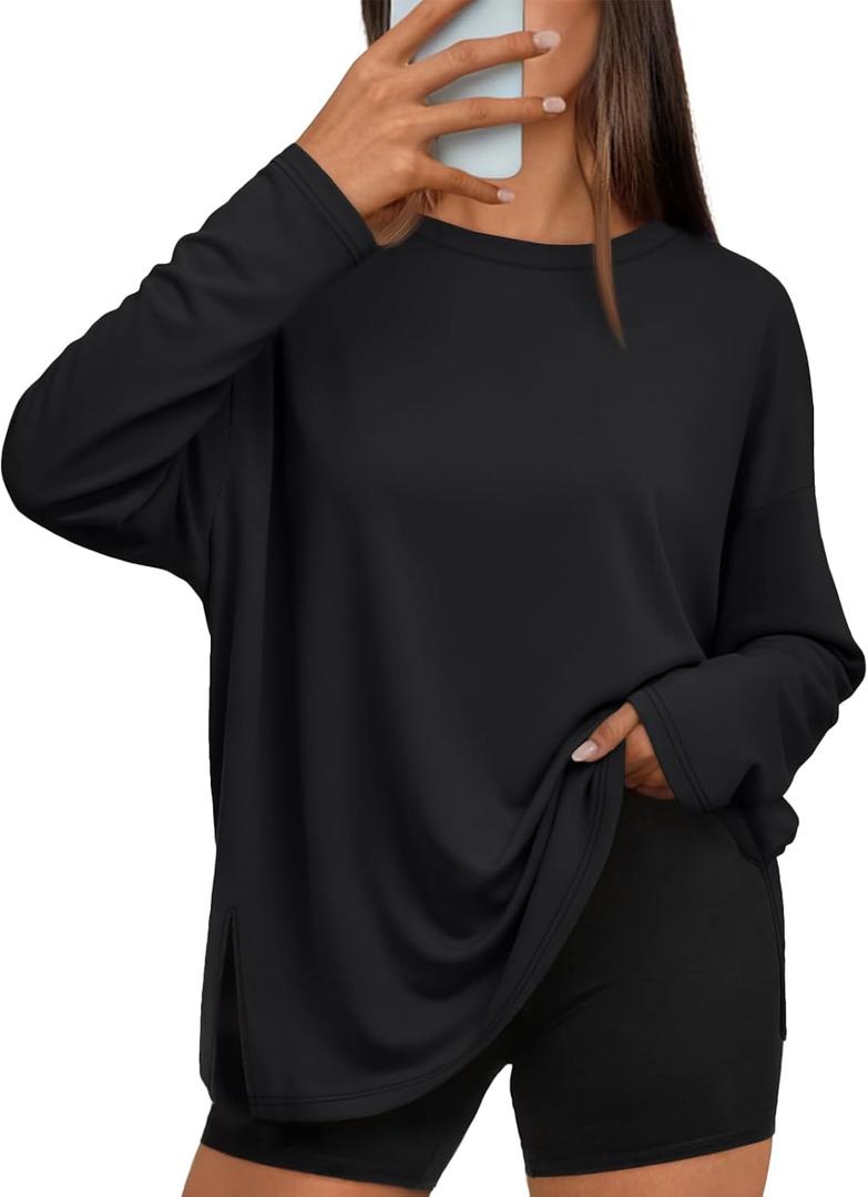 Trendy Queen Oversized Side Slit Tshirts for Women Long Sleeve Workout Tops Fall Fashion Gym Casual Tees Basic Y2K Clothes (2XL, Black)