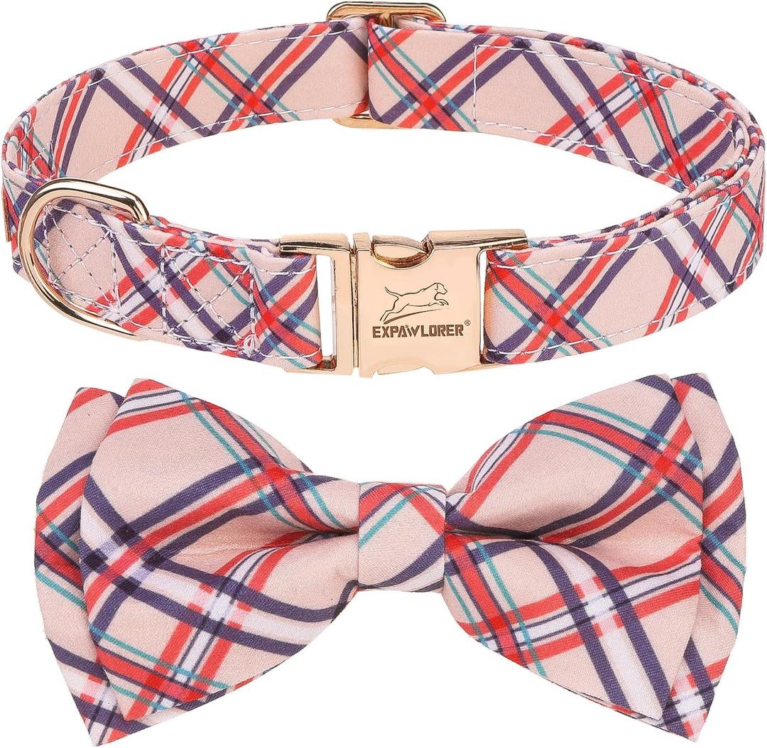 EXPAWLORER Dog Collar - Floral Summer Dog Collars with Bow Tie, Puppy Collar Cute Durable Quick Release Metal Buckle, Soft Adjustable Boy Girl Pet Collar for Small Medium Large Dogs, Plaid M