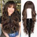 HAIRCUBE Brown Wig with Bangs for Women Brown and Blonde Long Wavy Hair Wig Wig Curly Wavy Synthetic Wigs for Girls Daily Party Use