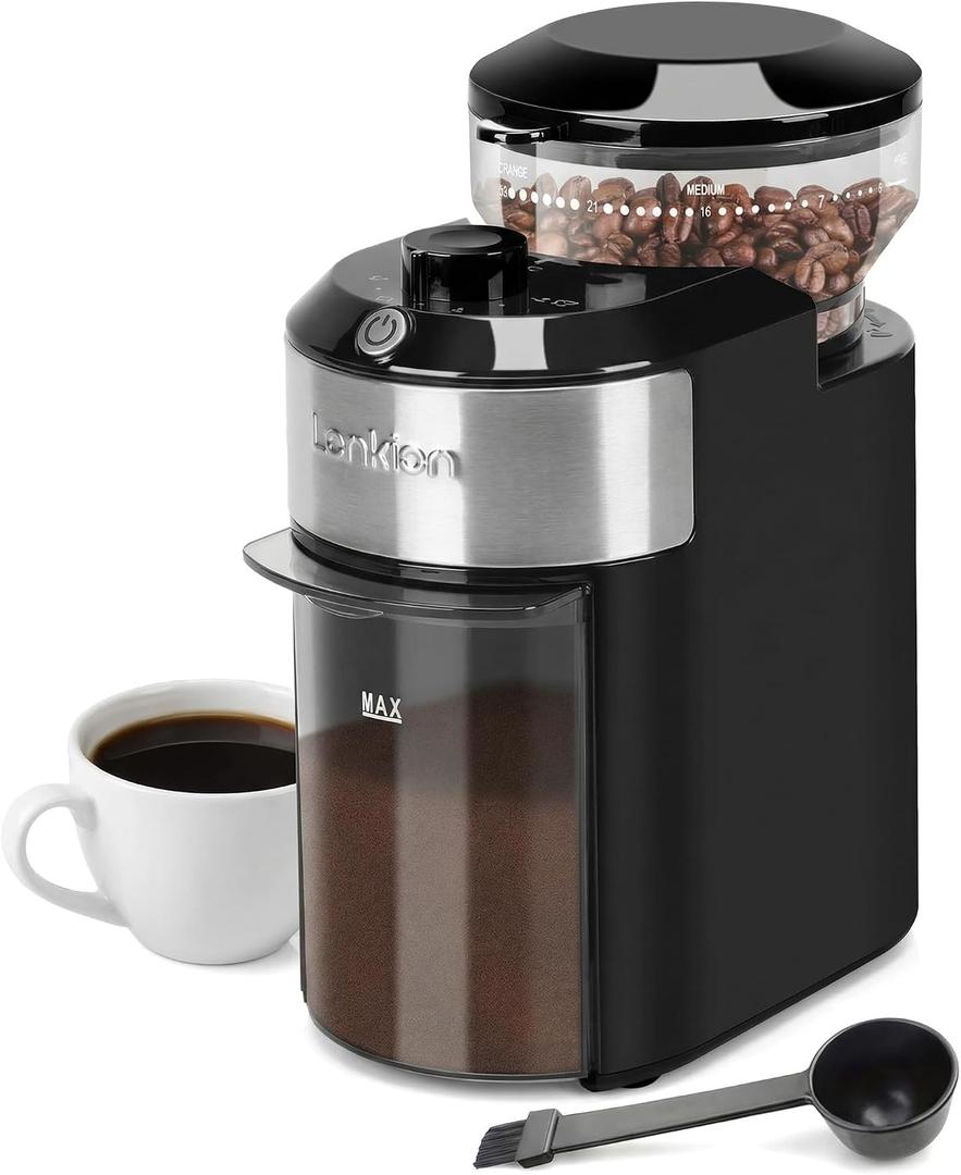 Coffee Grinder - Lonkion Electric Burr Coffee Grinder with 28 Grind Settings - Anti-Static Coffee Bean Grinder for Espresso, Drip, French Press - 2-12 Cup Adjustable - Stainless Steel - Gloss Black