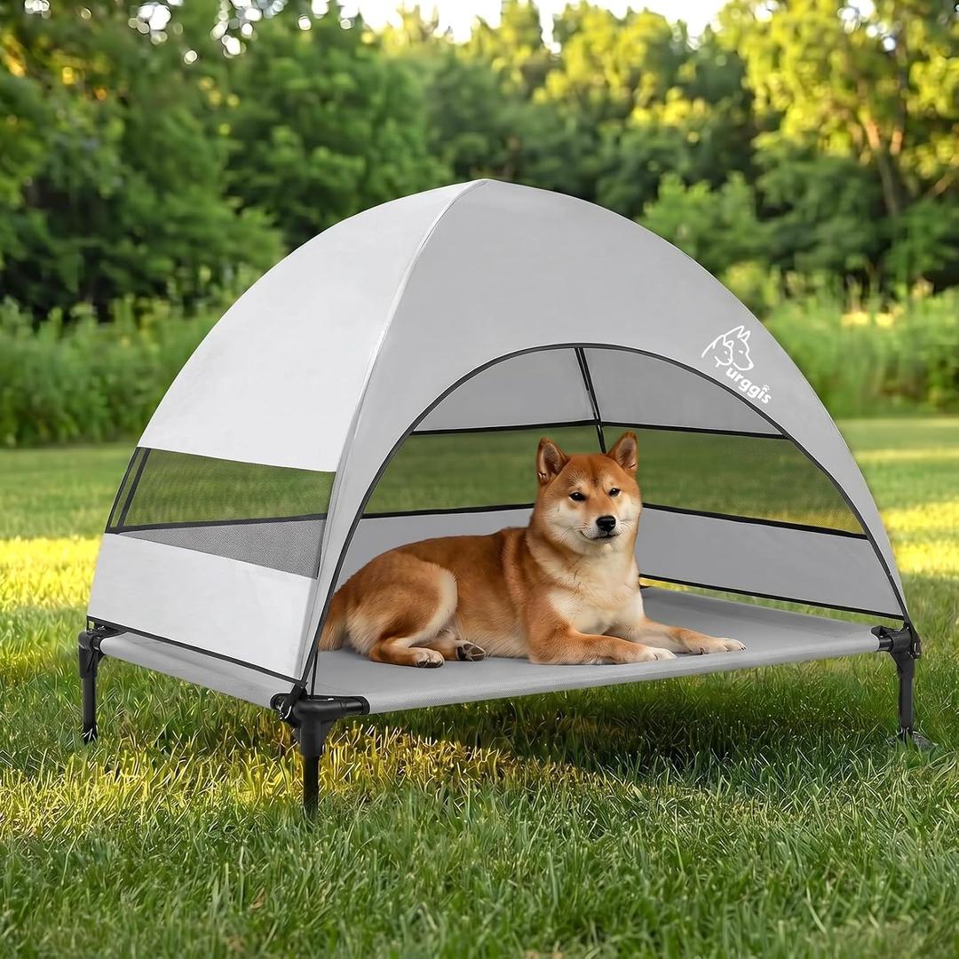 Upgraded Elevated Dog Bed with Canopy, Portable Raised Outdoor Dog Bed with Stable Anti-Slip Feet, Removable Wider Shade, Raised Dogs Cot for Large Pets Camping, Indoor & Outdoor Use, Grey 42.0"L x 30.0"W x 33.0"Th